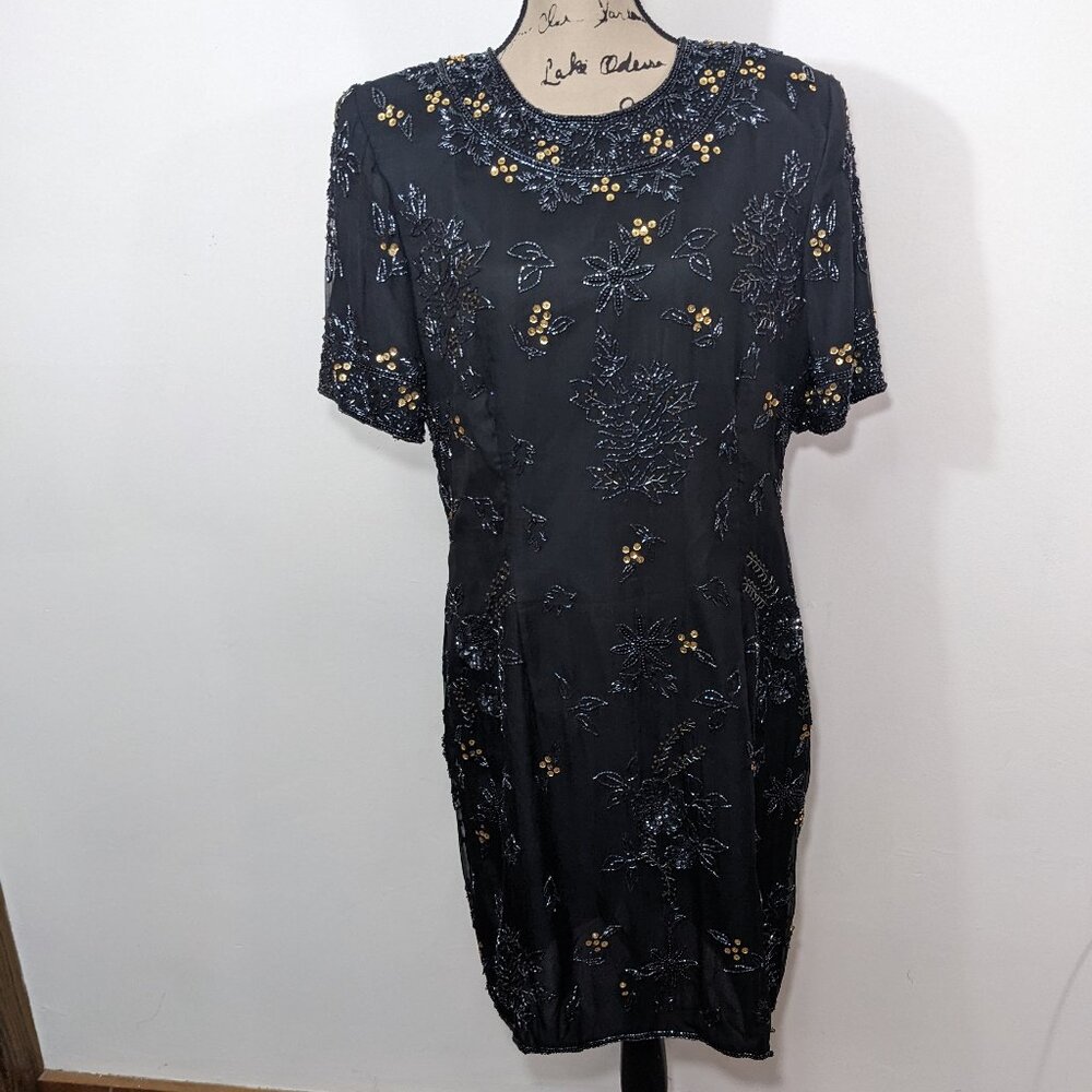 NWT STENAY Black 100% Silk Gold Sequined Holiday Evening Dress Classy 16